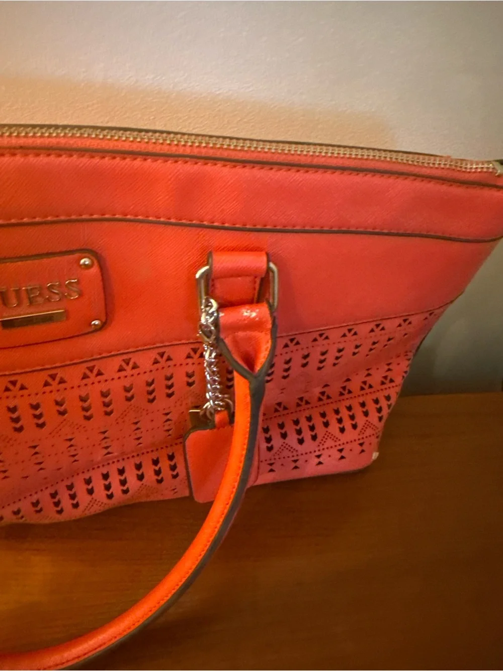 GUESS Coral-Red Laser Cut Tote
